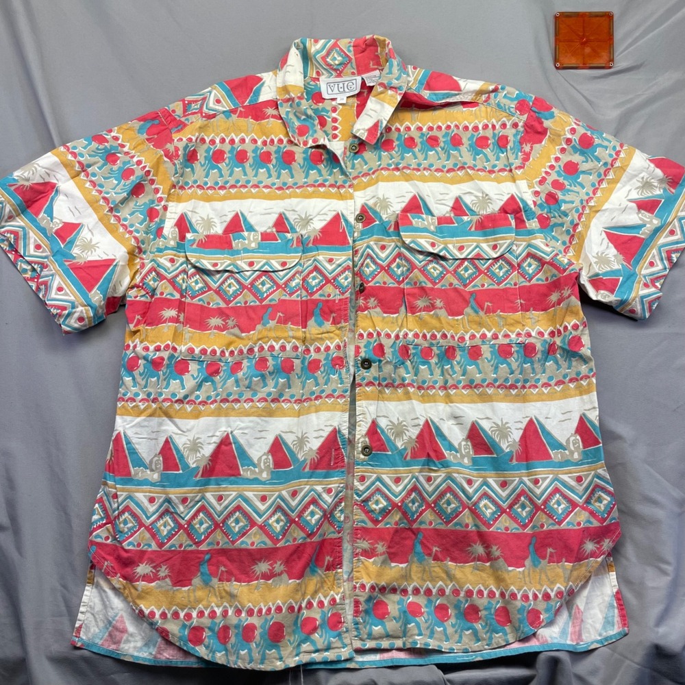 Vue Vintage Egyptian Novelty Print Cotton Button Down Shirt Pyramids Camels 10